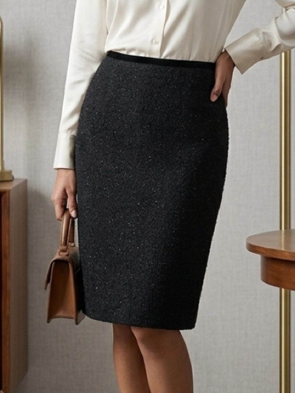 Talbots Black Metallic Pencil career Wear Wool Blend Skirt Size 8 NWOT